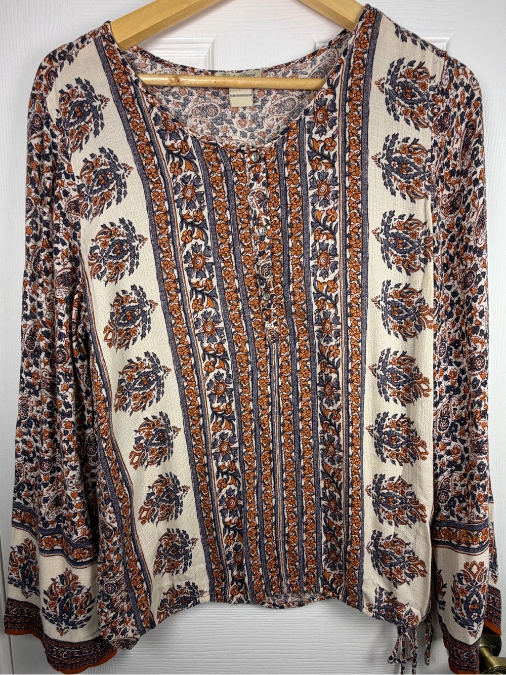 Lucky Brand Live In Love Floral Boho Tunic Women's L Cream Rust Navy Cottagecore